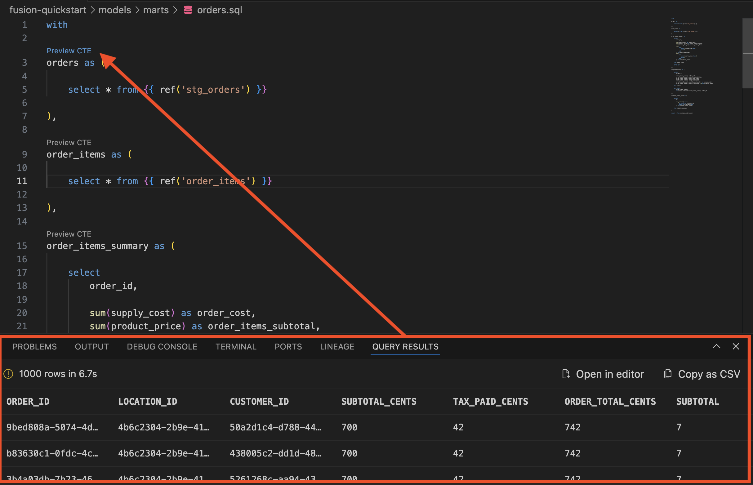 Preview CTE query results.